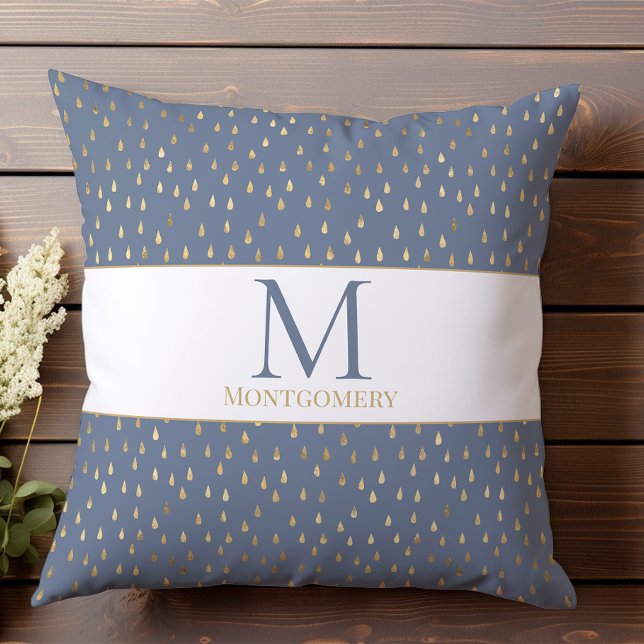 Blue Gold Raindrop Modern Trendy Monogram Kussen (Creator heeft geüpload)