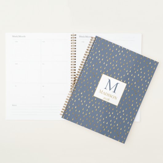 Blue Gold Raindrop Modern Trendy Monogram Planner (Display)