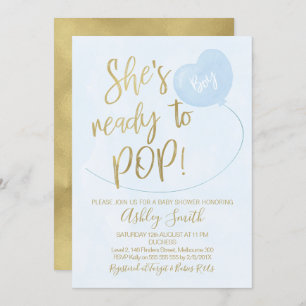 Blue Gold Ready to Pop Baby shower Invitation Kaart