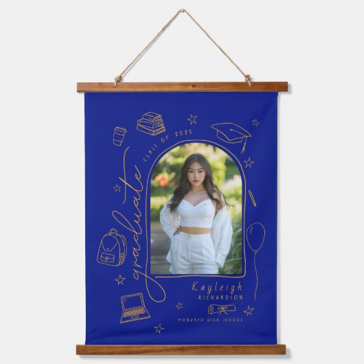 Blue Gold Retro Foto Afstuderen Keepsake Hangend Wandkleed (Voorkant)