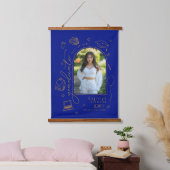 Blue Gold Retro Foto Afstuderen Keepsake Hangend Wandkleed (Slaapkamer)