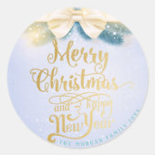 Blue Gold Ribbon Happy Nieuwjaarsgroet Ronde Sticker (Voorkant)