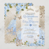 Blue Gold Roos Butterfly Glam Princess Quinceañera Kaart (Voorkant / Achterkant)