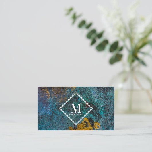 Blue Gold Rust Metallic Texture Monogram Initial Visitekaartje (Staand voorkant)