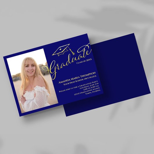 Blue Gold Script Photo Graduation Party Invite Kaart