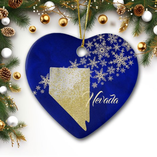 Blue Gold Snowflake Nevada Heart Keramisch Ornament