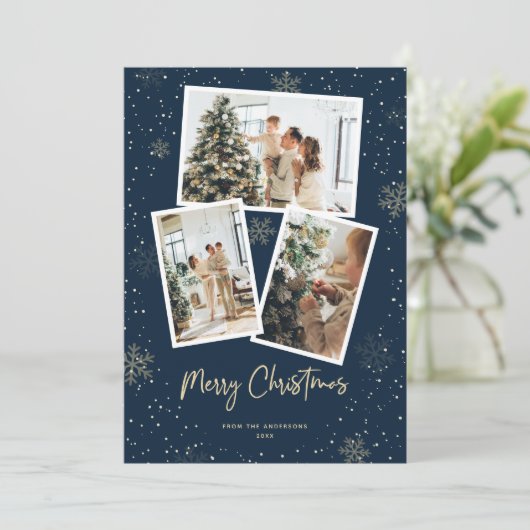 Blue Gold Snowflake Photo Joyeux Noël Carte (Debout devant)