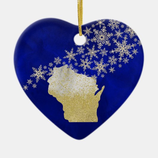 Blue Gold Snowflake Wisconsin Heart Keramisch Ornament (Voorkant)