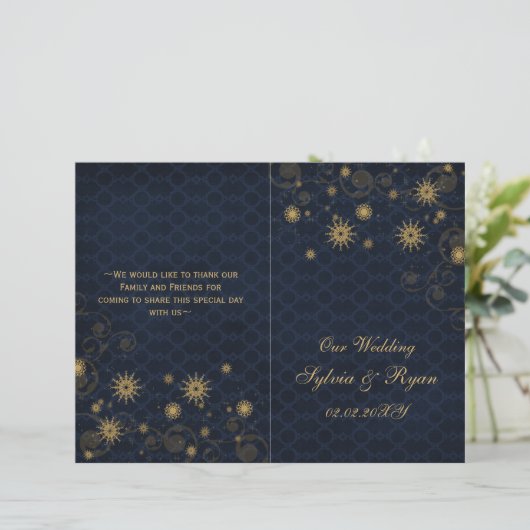 blue gold Snowflakes bruiloft programma's gevouwen (Staand voorkant)