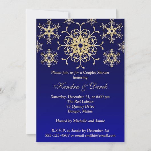 Blue, Gold Snowflakes Couples Douche Invitation (Devant)