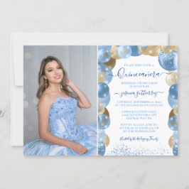 Blue Gold Sparkle Quinceañera Ballon Foto Invita Kaart