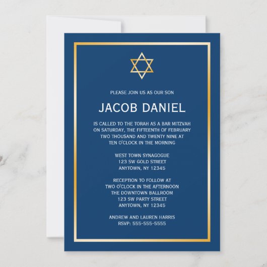 Blue Gold Star van David Bar Mitzvah uitnodigingen (Voorkant)
