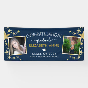 Blue & Gold Stars Foto Felicitaties Afgestudeerde Spandoek