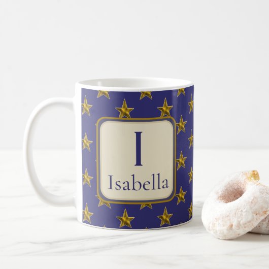 Blue Gold Stars Voornaam Monogram Initiaal Koffiemok (Met donut)