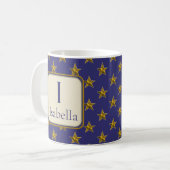 Blue Gold Stars Voornaam Monogram Initiaal Koffiemok (Voorkant links)
