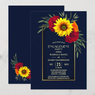 Blue Gold Sunflower Red Rose Engagement Party Kaart