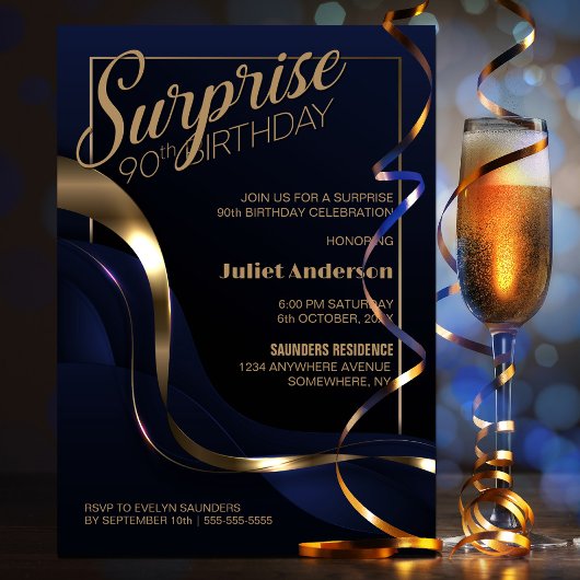 Blue Gold Surprise 90th Birthday Party Invitation