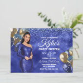 Blue & Gold Sweet 16 Girl Birthday Invitation (Debout devant)