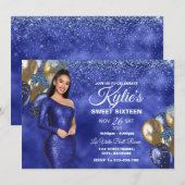 Blue & Gold Sweet 16 Girl Birthday Invitation Kaart (Voorkant / Achterkant)