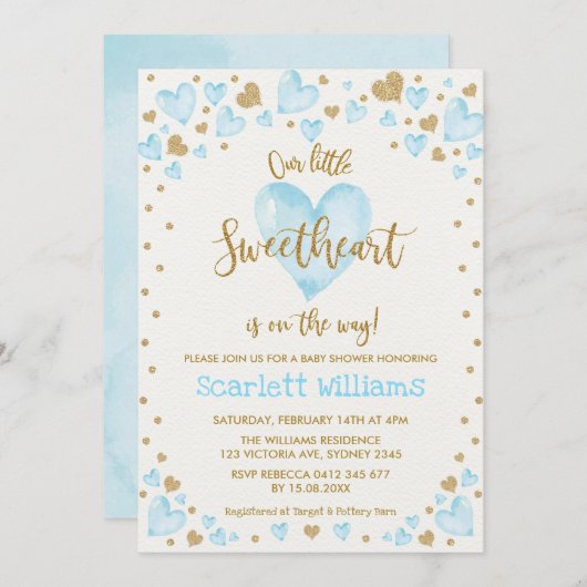 Blue Gold Sweetheart Valentijnse Baby shower Kaart (Voorkant / Achterkant)