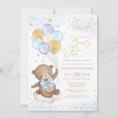Blue Gold Teddy Bear Balloons Boy Baby shower Invi Kaart (Voorkant)