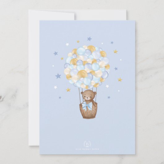 Blue Gold Teddy Bear Balloons Boy Baby shower Invi Kaart (Achterkant)
