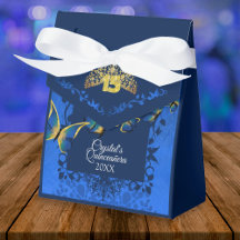 Blue, Gold Tiara Butterfly Quinceanera Favor Box