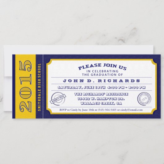Blue & Gold Ticket Graduation Party Uitnodiging (Voorkant)