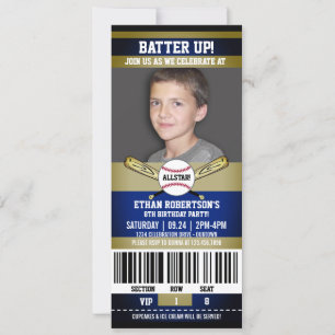 Blue Gold Ticket Style Baseball Birthday Party Kaart