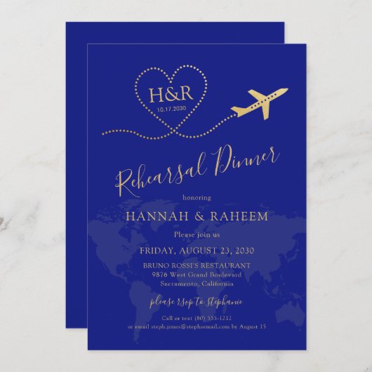 Blue Gold Travel Theme Rehearings Dinner Kaart (Voorkant / Achterkant)