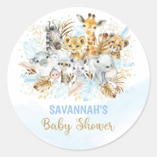 Blue Gold Tropical Boho Safari Animals Baby shower Ronde Sticker