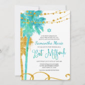 Blue Gold Watercolor Beach Bat mitzvah Invitations (Devant)