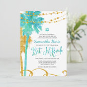 Blue Gold Watercolor Beach Bat mitzvah Invitations (Debout devant)