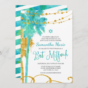 Blue Gold Watercolor Beach Bat mitzvah Invitations