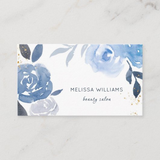 Blue Gold Watercolor Flowers Visitekaartje (Voorkant)