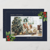 Blue Gold Watercolor Holly Photo Cartes de Noël (Devant / Derrière)