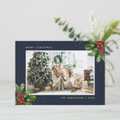 Blue Gold Watercolor Holly Photo Cartes de Noël (Debout devant)