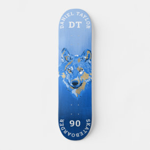 Blue Gold Waterverf Paint Gradient Monogram Wolf Skateboard
