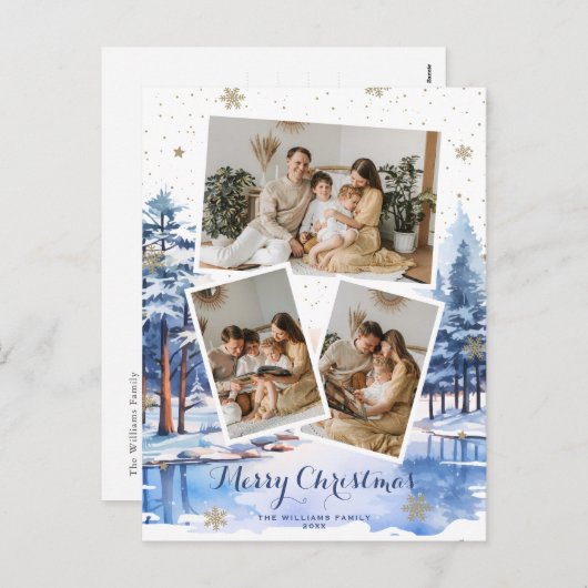 Blue Gold Winter Scenery Photo de Noël Cartes post (Devant / Derrière)