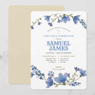Blue Gold Wreath Heilige Eerste Communie Kaart