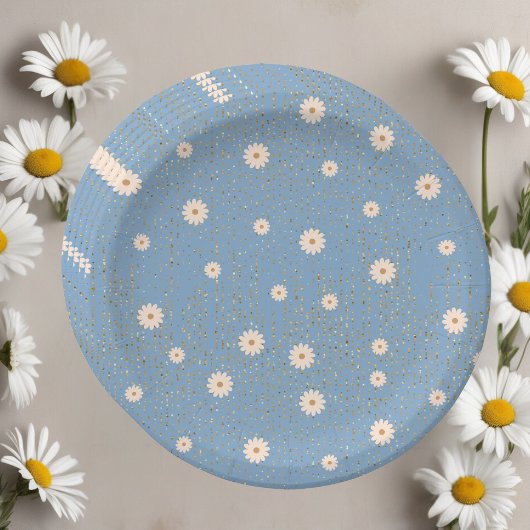 Blue Golden Daisy Glitter Glow Baby shower Papieren Bordje
