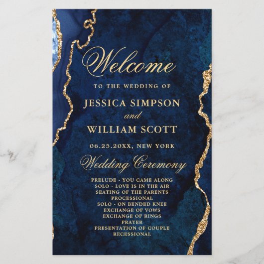 Blue Golden Marble Agate Wedding Ceremony Program (Voorkant)