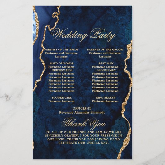 Blue Golden Marble Agate Wedding Ceremony Program (Achterkant)