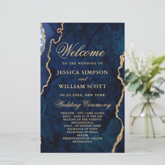 Blue Golden Marble Agate Wedding Ceremony Program (Staand voorkant)
