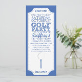 Blue Golf Ticket Golf Birthday Party Invitation Kaart (Staand voorkant)