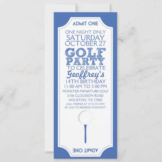 Blue Golf Ticket Golf Birthday Party Invitation Kaart (Voorkant)