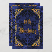 Blue Gothic & Gold Framed 18th Birthday Kaart (Voorkant / Achterkant)