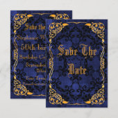 Blue Gothic & Gold omgeven 50th Save the Date (Voorkant / Achterkant)