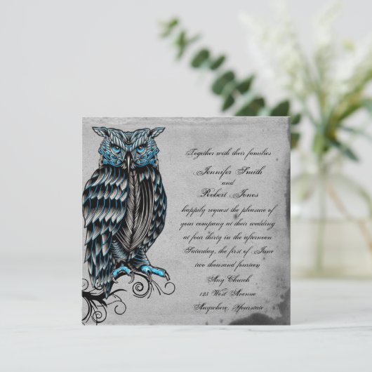 Blue Gothic Owl Posh Wedding Invitation Kaart (Staand voorkant)