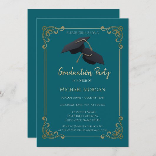 Blue Grad Cap Frame Teal Graduation Kaart (Voorkant / Achterkant)